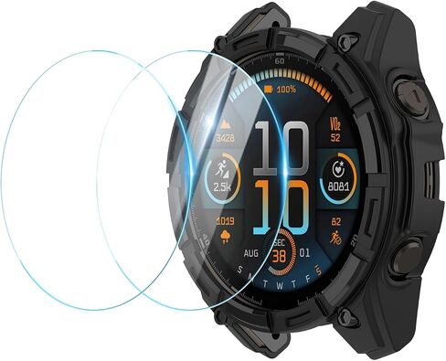 [1+2] Compatible for Garmin Fenix 8 Amoled 47mm Watch Case, Anti-scratch TPU Cover With 2 PCS 9H Tempered Glass Screen Protector For Fenix 8 47mm Protective Case-Black in Saudi Arabia