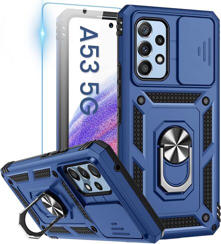 Goton Compatible with Samsung Galaxy A53 5G Case with Camera Cover & Kickstand Ring with Tempered Glass Screen Protector, Military Grade Shockproof Protective Bumper Cover Blue in Saudi Arabia