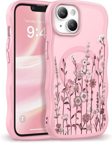 GVIEWIN Cute for iPhone 14 Case & iPhone 13 Case [Compatible with MagSafe] [Curly Wave Edge] Floral Translucent Magnetic Shockproof Protective Phone Cover for iPhone 14/13 6.1'', Floratopia/Brown in Kuwait