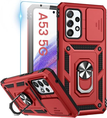 Goton Compatible with Samsung Galaxy A53 5G Case with Camera Cover & Kickstand Ring with Tempered Glass Screen Protector, Military Grade Shockproof Protective Bumper Cover Blue in Saudi Arabia