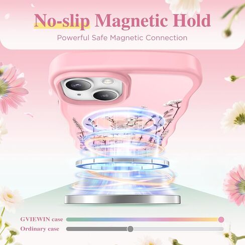 GVIEWIN Cute for iPhone 14 Case & iPhone 13 Case [Compatible with MagSafe] [Curly Wave Edge] Floral Translucent Magnetic Shockproof Protective Phone Cover for iPhone 14/13 6.1'', Floratopia/Brown in Kuwait