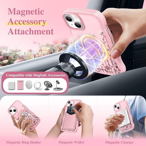 GVIEWIN Cute for iPhone 14 Case & iPhone 13 Case [Compatible with MagSafe] [Curly Wave Edge] Floral Translucent Magnetic Shockproof Protective Phone Cover for iPhone 14/13 6.1'', Floratopia/Brown in Kuwait