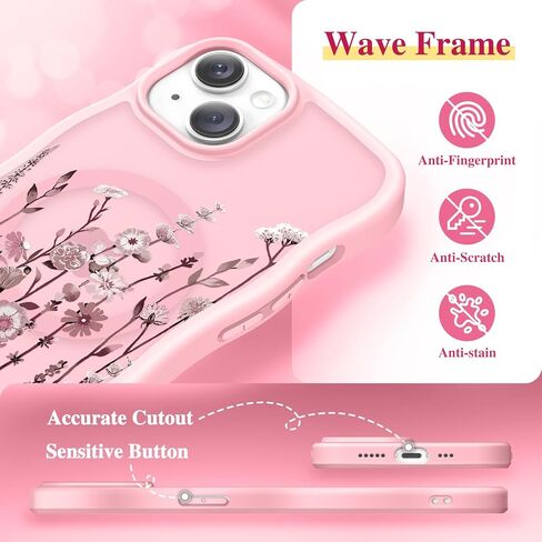 GVIEWIN Cute for iPhone 14 Case & iPhone 13 Case [Compatible with MagSafe] [Curly Wave Edge] Floral Translucent Magnetic Shockproof Protective Phone Cover for iPhone 14/13 6.1'', Floratopia/Brown in Kuwait