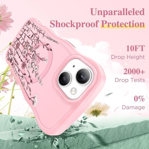 GVIEWIN Cute for iPhone 14 Case & iPhone 13 Case [Compatible with MagSafe] [Curly Wave Edge] Floral Translucent Magnetic Shockproof Protective Phone Cover for iPhone 14/13 6.1'', Floratopia/Brown in Kuwait