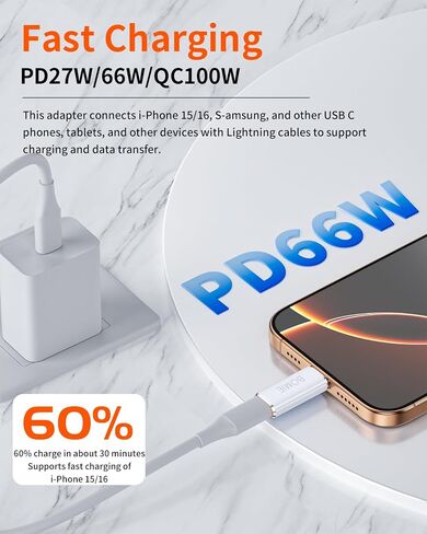 BOMIE Light-ning إلى USB C محول 2 حزمة، PD27W/66W شحن سريع 480 ميجابت في الثانية لنقل البيانات، كابل موصل شاحن USB C لـ M-acBook، Phone 15/16/17 Pro Max، Pad pro، G-alaxy، X-Peria، لا لسماعات الرأس / OTG in Saudi Arabia