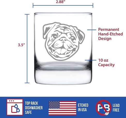 Happy Pug Whiskey Rocks Glass - Fun Dog Themed Decor and Gifts for Moms & Dads of Pugs - 10.25 Oz Glasses in Kuwait