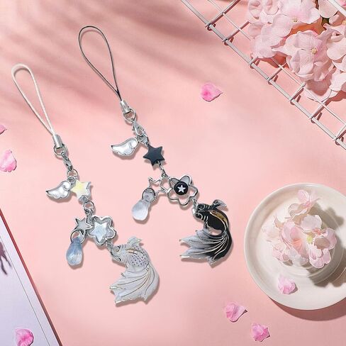 2 Piece Cell Phone Pendant Aesthetic Phone Charm, Sweet Phone Lanyard String for Cell Phone Bag, Key Chain, Camera Pendant (White and Black) in Saudi Arabia