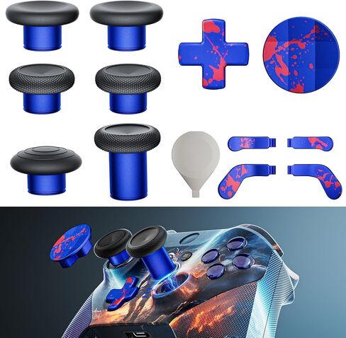 14-in-1 Controller Accessories Kit Compatible with Xbox Elite Series 2, 6 Premium Metal Thumbsticks, 4 Splatter-Design Paddles, 2 D-Pads, 1 Tool & 1 Storage Bag (Blue with Volcanic Red Splatter) in Saudi Arabia