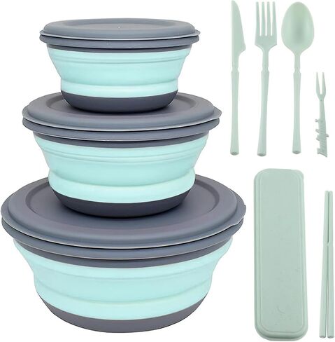 Collapsible Bowl, 3 Pcs Food Grade Silicone Camping Bowl, Expandable Salad Bowl Lunch Box with Lid & Tableware for Travel and Picnic (Green) in Saudi Arabia