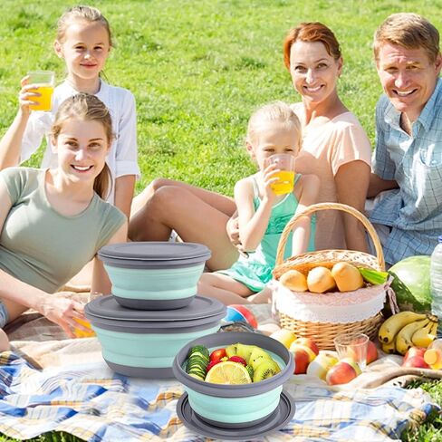 Collapsible Bowl, 3 Pcs Food Grade Silicone Camping Bowl, Expandable Salad Bowl Lunch Box with Lid & Tableware for Travel and Picnic (Green) in Saudi Arabia