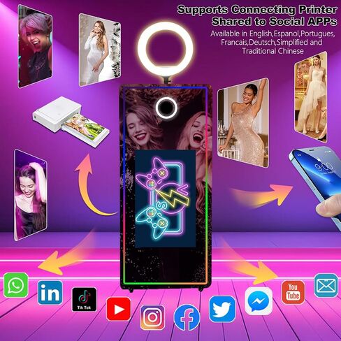 كشك صور بمرآة سحرية بحجم 65-32 بوصة تعمل باللمس مع ضوء RGB وطباعة أفكار ومشاركتها لحفل تأجير الأحداث (أسود + ضوء مربع، آلة + كاميرا + طابعة صغيرة) in Kuwait