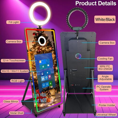 كشك صور بمرآة سحرية بحجم 65-32 بوصة تعمل باللمس مع ضوء RGB وطباعة أفكار ومشاركتها لحفل تأجير الأحداث (أسود + ضوء مربع، آلة + كاميرا + طابعة صغيرة) in Kuwait