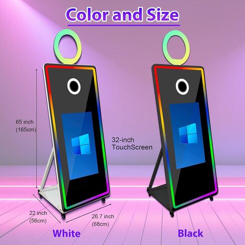 كشك صور بمرآة سحرية بحجم 65-32 بوصة تعمل باللمس مع ضوء RGB وطباعة أفكار ومشاركتها لحفل تأجير الأحداث (أسود + ضوء مربع، آلة + كاميرا + طابعة صغيرة) in Kuwait