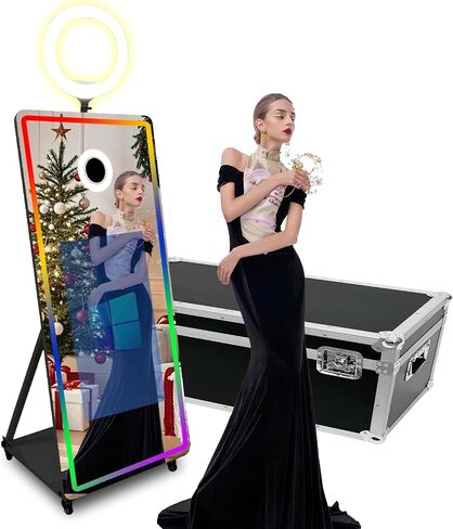 كشك صور بمرآة سحرية بحجم 65-32 بوصة تعمل باللمس مع ضوء RGB وطباعة أفكار ومشاركتها لحفل تأجير الأحداث (أسود + ضوء مربع، آلة + كاميرا + طابعة صغيرة) in Kuwait