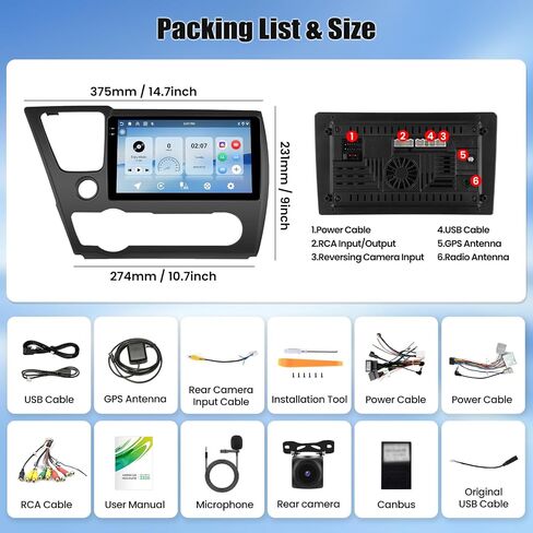 4G+128G for Honda Civic 2013-2017 Android 15 Car Stereo Radio with Wireless CarPlay Android Auto, 9" 1280 * 720P IPS Touchscreen, Bluetooth5.0, GPS, WiFi, AHD Rear Camera, EQ, Split Screen, SWC in Saudi Arabia