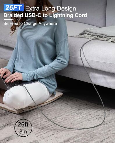 كابل USB-C طويل إلى Lightning بطول 26 قدمًا من النايلون - سلك شاحن iPhone سريع للغاية معتمد من Apple MFi مع توصيل طاقة PD ونقل بيانات بسرعة 480 ميجا بت في الثانية لأجهزة iPhone 14، 13، 12، 11، X، XS، XR، 8، 7 in Saudi Arabia