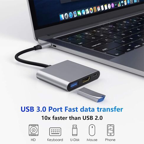 موزع USB C مع HDMI 4K، توصيل طاقة بمنفذ 100 وات C، منفذ USB 3.0، محول محول USB 3.1 نوع C إلى HDMI، متوافق مع MacBook Pro/Air، iPad Pro، iMac، iPhone 16/15، XPS، ThinkPad، S22 in Saudi Arabia
