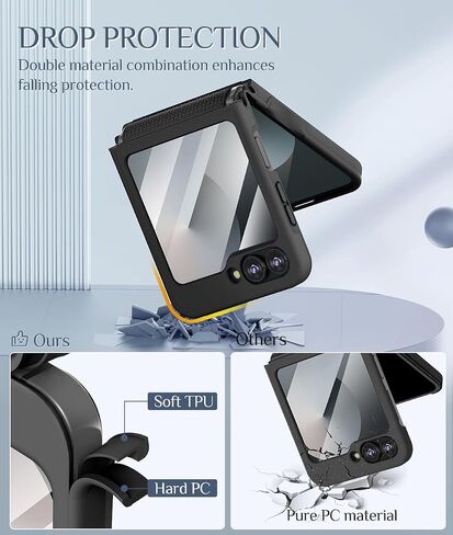 حافظة Caka لهاتف Samsung Galaxy Z Flip 7-FE/Z Flip 6 /Z Flip 5 [متوافقة مع الشحن اللاسلكي] [حماية المفصلات] [واقي شاشة] غطاء هاتف حماية ضد الصدمات للنساء والرجال - أسود in Kuwait