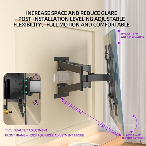 Corner TV Wall Mount for 65 75 77 85 86 inch TVs,Full Motion TV Bracket for 50-90 inch， Extension Articulating Arm Swivel and Tilt, Avoid outlets Hold 154lbs，Max VESA 650x600. in Saudi Arabia