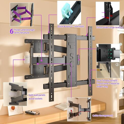 Corner TV Wall Mount for 65 75 77 85 86 inch TVs,Full Motion TV Bracket for 50-90 inch， Extension Articulating Arm Swivel and Tilt, Avoid outlets Hold 154lbs，Max VESA 650x600. in Saudi Arabia