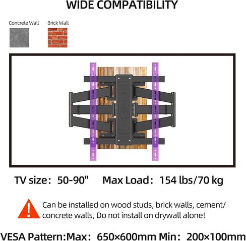 Corner TV Wall Mount for 65 75 77 85 86 inch TVs,Full Motion TV Bracket for 50-90 inch， Extension Articulating Arm Swivel and Tilt, Avoid outlets Hold 154lbs，Max VESA 650x600. in Saudi Arabia