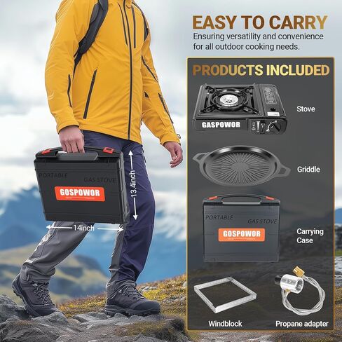 موقد البروبان أو البيوتان مع مانع الرياح، وقود مزدوج 10000 وحدة حرارية بريطانية موقد البروبان للتخييم، الإشعال التلقائي، موقد غاز محمول مع حقيبة حمل خرطوم المحول وشواية للمشي لمسافات طويلة (الوقود غير متضمن) in Kuwait