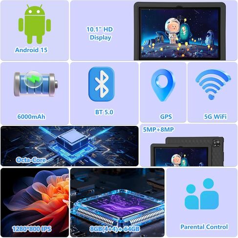 2025 Latest 10.1 inch Kids Tablet Android 15 Tablets for Kids with EVA Protective Case 8GB RAM 64GB Storage Toddler Tablet, Parental Controls, 12-hr Battery, WiFi, GPS, Pink in Saudi Arabia