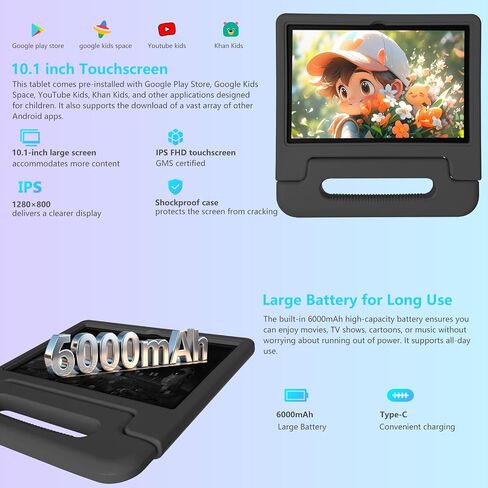2025 Latest 10.1 inch Kids Tablet Android 15 Tablets for Kids with EVA Protective Case 8GB RAM 64GB Storage Toddler Tablet, Parental Controls, 12-hr Battery, WiFi, GPS, Pink in Saudi Arabia