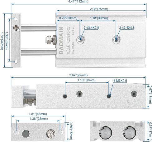 Baomain Compact Aluminum Air Cylinder CXSM 25 X 150 Guide Rod Plate Double Rod Guided Pneumatic Slide Bearing Cushioned in Kuwait