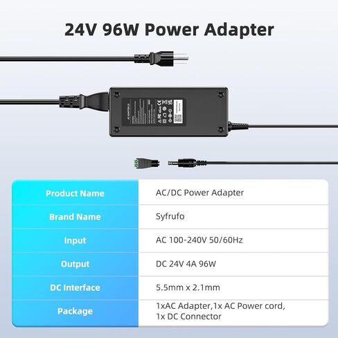 Syfrufo 24V 4A DC Power Supply، 100-240V AC إلى DC محول الطاقة مع مقبس إخراج 5.5 مم * 2.1 مم لشريط ضوء LED، كاميرا CCTV، طابعة، أسود in Saudi Arabia