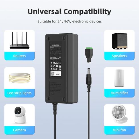 Syfrufo 24V 4A DC Power Supply، 100-240V AC إلى DC محول الطاقة مع مقبس إخراج 5.5 مم * 2.1 مم لشريط ضوء LED، كاميرا CCTV، طابعة، أسود in Saudi Arabia