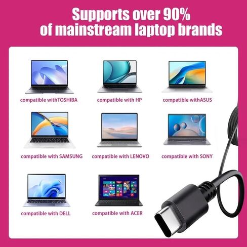 شاحن كمبيوتر محمول سريع عالمي USB-C بقدرة 100 واط متوافق مع Lenovo وThinkpad/Yoga/IdeaPad/chromebook وMSI وAsus وHP وDell Type-C محول طاقة تيار متردد PD 3.0 in Kuwait