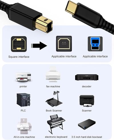 كابل طابعة USB C بطول 6 أقدام، سلك طابعة USB من النوع B 2.0 إلى نوع C لجهاز Macbook Pro/Air iPad، كابل MIDI إلى USBC لجهاز HP Epson Canon Brother Digital Piano Keyboard DJ Controller in Kuwait