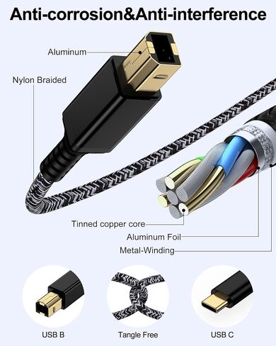 كابل طابعة USB C بطول 6 أقدام، سلك طابعة USB من النوع B 2.0 إلى نوع C لجهاز Macbook Pro/Air iPad، كابل MIDI إلى USBC لجهاز HP Epson Canon Brother Digital Piano Keyboard DJ Controller in Kuwait