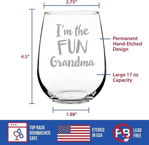 Fun Grandma – Cute Funny Stemless Wine Glass, Large 17 Ounce Size, Etched Sayings, Gift Box in Kuwait