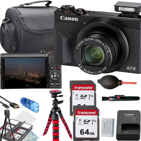 كاميرا Canon PowerShot G7 X Mark III الرقمية (أسود) + بطاقة ذاكرة 2 × 64 جيجابايت + حقيبة كتف للكاميرا + حامل ثلاثي القوائم Flex Spider + حزمة ملحقات فاخرة (متجددة) in Kuwait