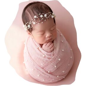 Baby Photo Shoot Props for Newborn Infant|Newborn Photography Wrap Pearl Raw Edge Swaddling Blanket & Headband Set (Red) in Kuwait