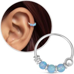 925 Sterling Silver Very Small 10mm Blue & White Opal Hoop Earring - SINGLE Hoop for ONE ear - for Helix, Cartilage, 2nd Ear Piercing | Handmade by MiYa Jewelry Creations in Saudi Arabia