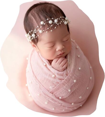 دعائم التقاط الصور للأطفال حديثي الولادة|بطانية قماط بحافة خام لؤلؤية ومجموعة عصابة رأس (أحمر) in Kuwait