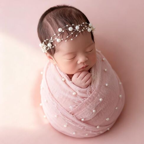 دعائم التقاط الصور للأطفال حديثي الولادة|بطانية قماط بحافة خام لؤلؤية ومجموعة عصابة رأس (أحمر) in Kuwait