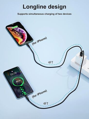 Multi Charging Cable, 4FT 2 in 1 Multiple for iPhone USB Cable, Nylon Braided Multiple USB Fast Charging Cord for iPhone 14/13/12/11 Pro Max/XS MAX/XR/XS/iPad, Black in Saudi Arabia