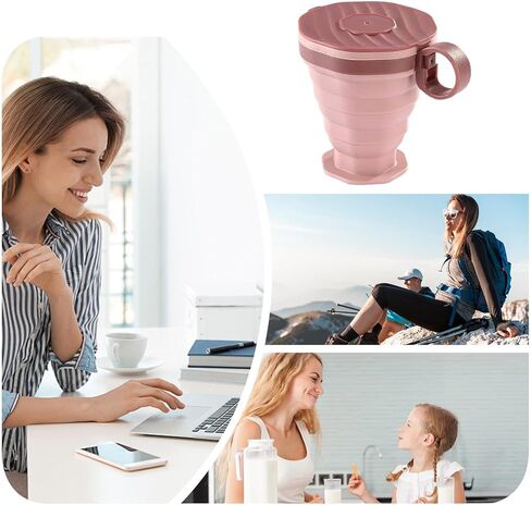Pink Collapsible Cup,Foldable Silicone Cup with Plastic Lid,Portable Water Cups Suitable for Camping and Traveling in Saudi Arabia
