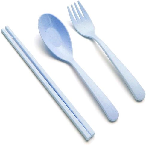 Blue Wheat Straw Cutlery, Portable Flatware Set, Chopsticks, Fork And Spoon With Travel Case in Saudi Arabia
