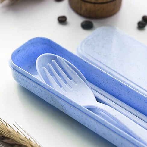Blue Wheat Straw Cutlery, Portable Flatware Set, Chopsticks, Fork And Spoon With Travel Case in Saudi Arabia