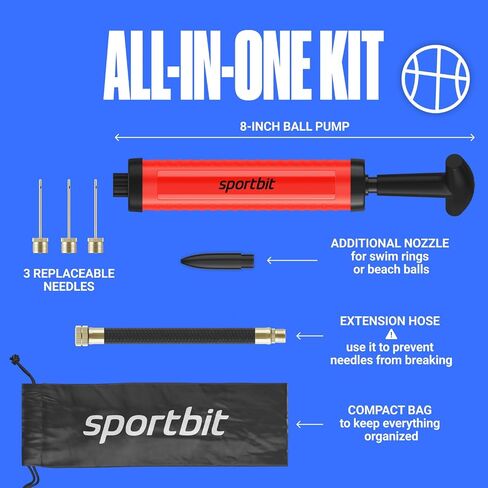SPORTBIT Ball Pump for Sports Balls - Push & Pull Inflating System - Hand Pump for All Exercise Balls - Volleyball Pump, Basketball Inflator, Football & Soccer Ball Air Pump - Goes with 5 Needles Set in Kuwait