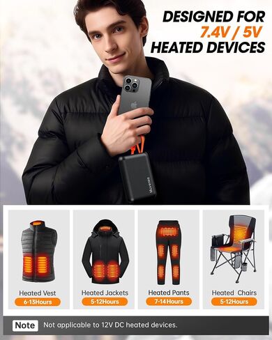 7.4V/5V 20000mAh Heated Vest Battery Pack Compatible with ORORO, with Venustas, Rechargeable Outdoor Power Bank with Built-in USB-C Cable, DC/USB Ports for Heated Vests, Jackets, and Pants in Saudi Arabia