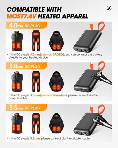 7.4V/5V 20000mAh Heated Vest Battery Pack Compatible with ORORO, with Venustas, Rechargeable Outdoor Power Bank with Built-in USB-C Cable, DC/USB Ports for Heated Vests, Jackets, and Pants in Saudi Arabia