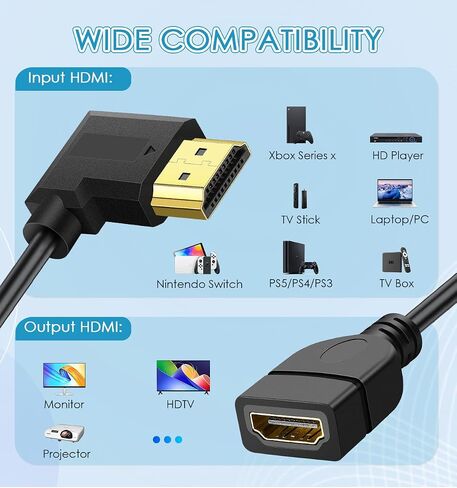 كابل تمديد HDMI الزاوية اليمنى 1.5 قدم 4K HDMI موسع ذكر إلى أنثى محول سلك 90 درجة HD محول فيديو للشاشة، الكمبيوتر المحمول، جهاز العرض، HDTV in Saudi Arabia