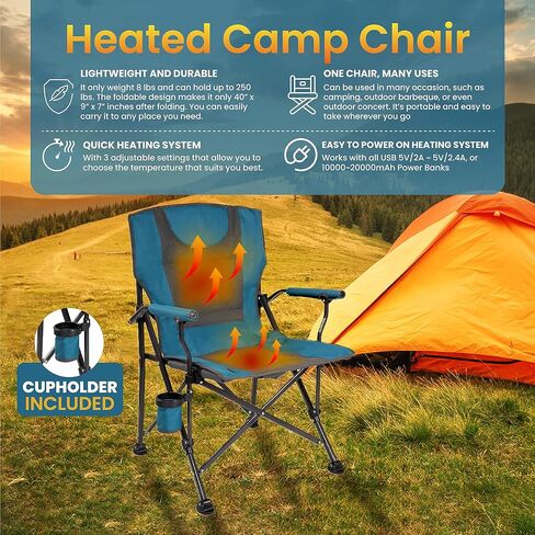 Backyard Expressions Heated Camp Chair with Cupholder – Portable Folding Camping Chair with 3 Heat Settings, USB Powered, Lightweight & Durable – Outdoor Heated Chair for Camping, Tailgating & Sports in Kuwait