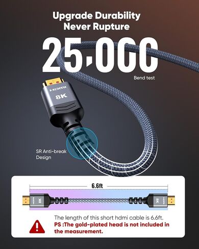 كابل 8K 10K 4K HDMI 2.1 48 جيجابت في الثانية 6.6FT/2M، كابل HDMI معتمد فائق السرعة مضفر - 4K @ 120 هرتز 8K @ 60 هرتز، DTS: X، HDCP 2.2 & 2.3، HDR 10 متوافق مع Roku TV/PS5/HDTV/Blu-ray in Saudi Arabia